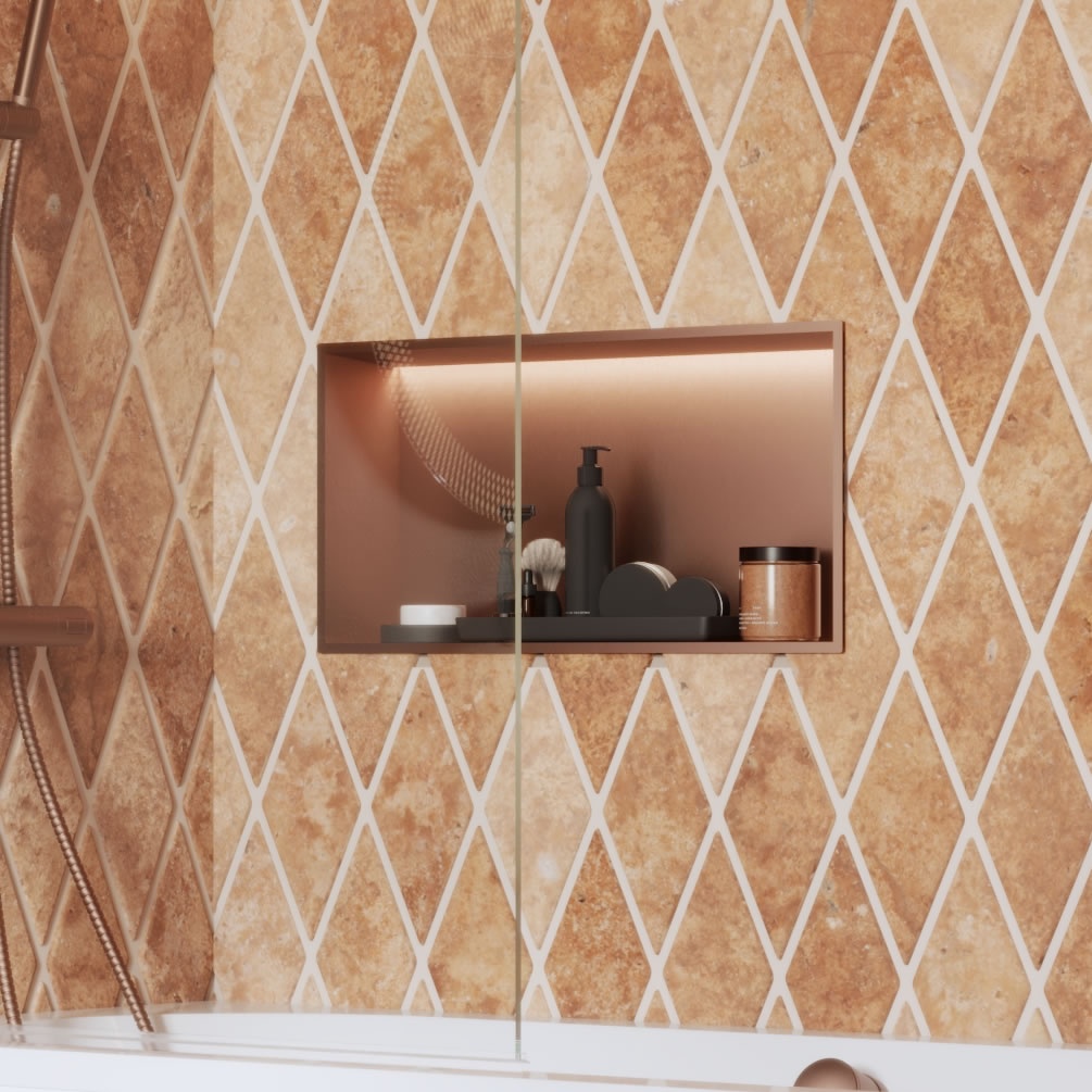 Lifestyle image of Crosswater Brushed Bronze 610 x 305mm LED Shower Niche